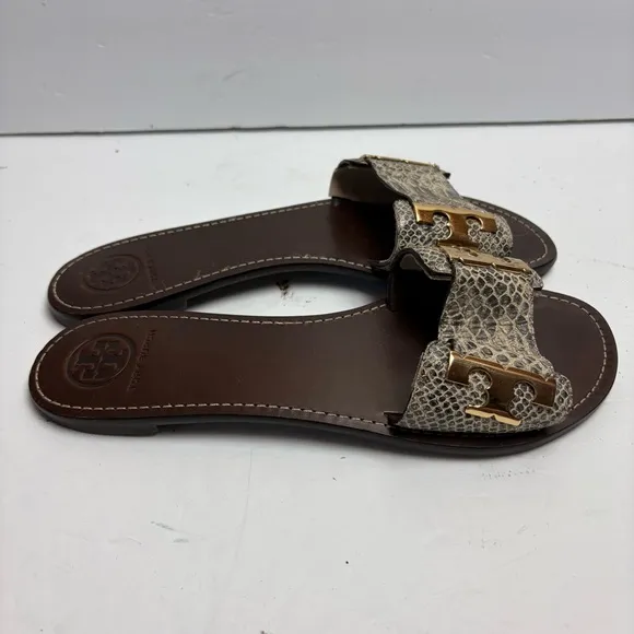 Tory Burch Gail-Pitone Rocha Snake Sandals Slides Gray Leather Size 10