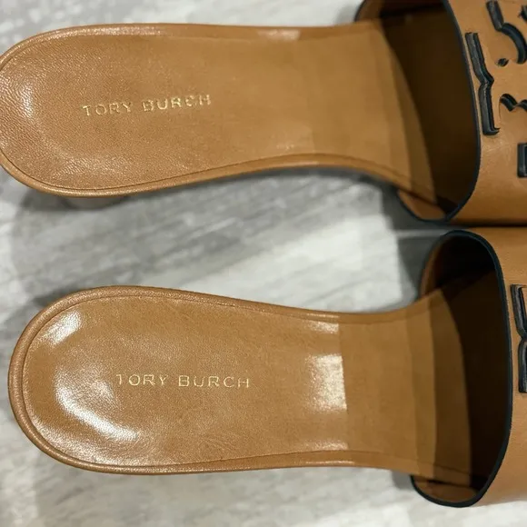 Tory Burch Ines Mule Sandals Size 9 Tan 55mm Heel Goat Leather Logo Slides $298