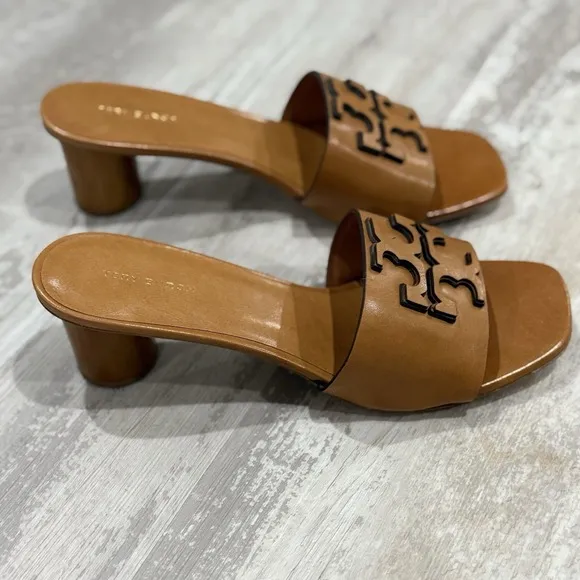 Tory Burch Ines Mule Sandals Size 9 Tan 55mm Heel Goat Leather Logo Slides $298