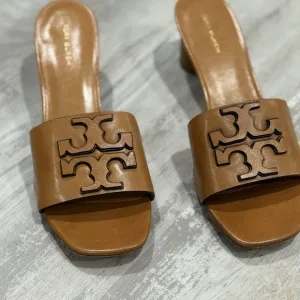 Tory Burch Ines Mule Sandals Size 9 Tan 55mm Heel Goat Leather Logo Slides $298