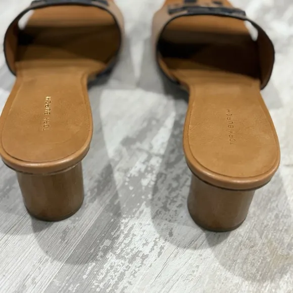Tory Burch Ines Mule Sandals Size 9 Tan 55mm Heel Goat Leather Logo Slides $298