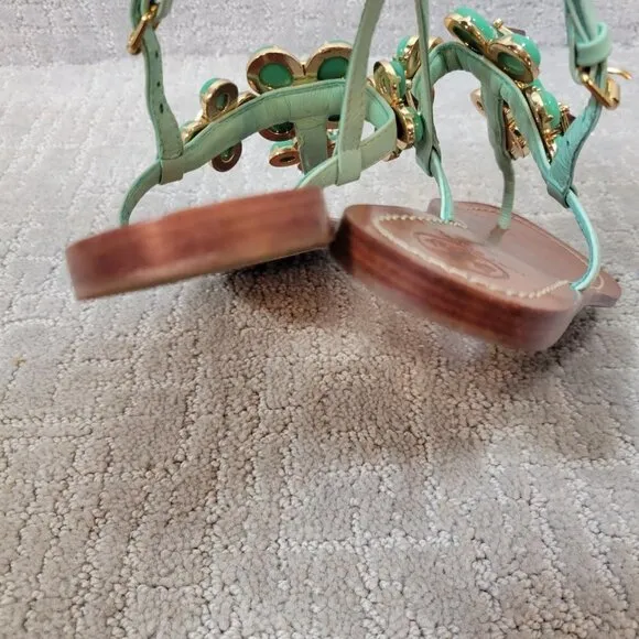 Tory Burch Jade Women's Size 6M US Green Leather jeweled Sandals
