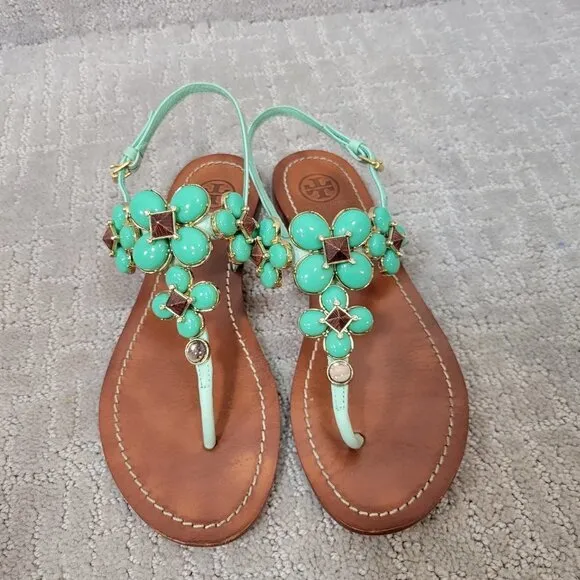 Tory Burch Jade Women's Size 6M US Green Leather jeweled Sandals