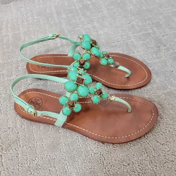 Tory Burch Jade Women's Size 6M US Green Leather jeweled Sandals