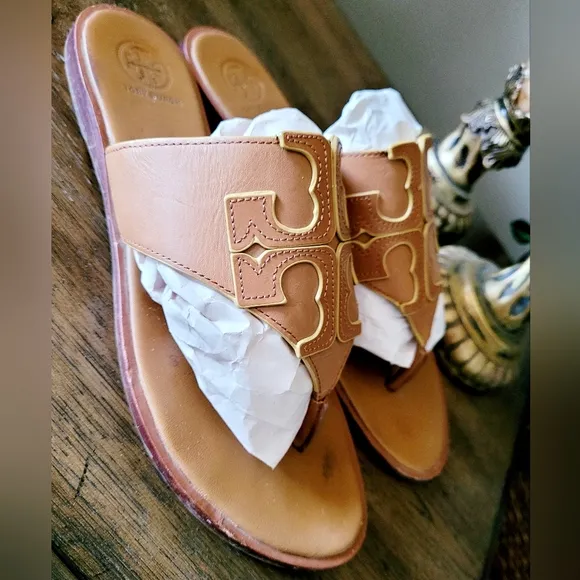 Tory Burch Jamie Full Logo Thong Calf Leather Sandals Royal Tan/Marigold US 9