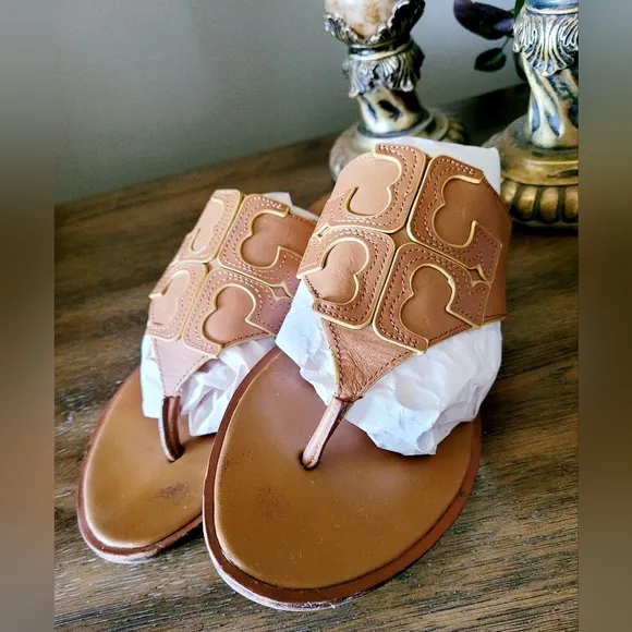 Tory Burch Jamie Full Logo Thong Calf Leather Sandals Royal Tan/Marigold US 9