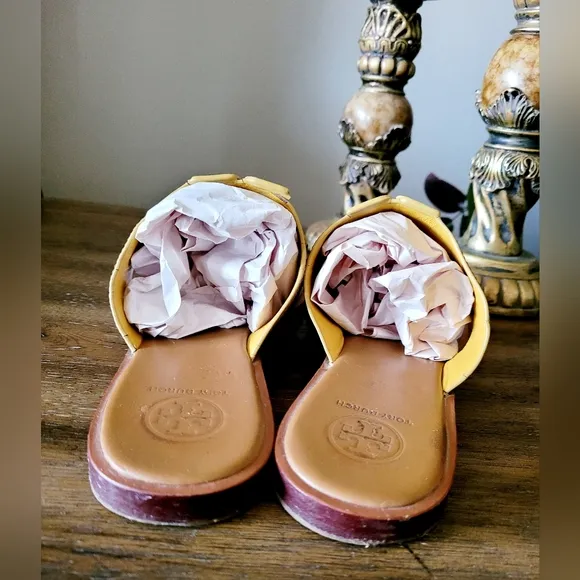 Tory Burch Jamie Full Logo Thong Calf Leather Sandals Royal Tan/Marigold US 9