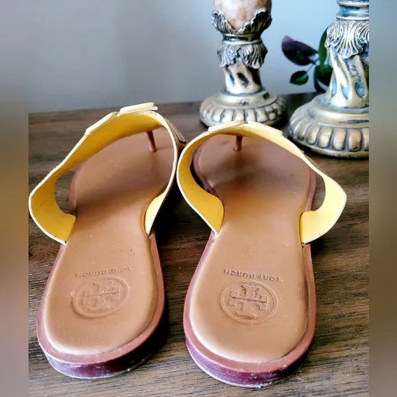 Tory Burch Jamie Full Logo Thong Calf Leather Sandals Royal Tan/Marigold US 9