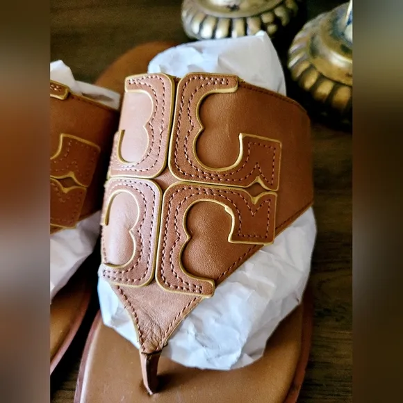 Tory Burch Jamie Full Logo Thong Calf Leather Sandals Royal Tan/Marigold US 9