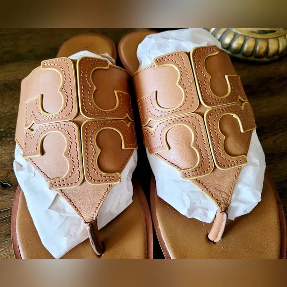 Tory Burch Jamie Full Logo Thong Calf Leather Sandals Royal Tan/Marigold US 9