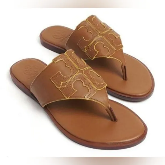 Tory Burch Jamie Full Logo Thong Calf Leather Sandals Royal Tan/Marigold US 9