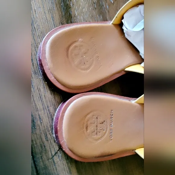 Tory Burch Jamie Full Logo Thong Calf Leather Sandals Royal Tan/Marigold US 9