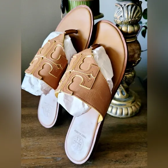 Tory Burch Jamie Full Logo Thong Calf Leather Sandals Royal Tan/Marigold US 9