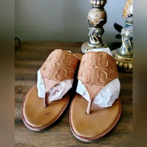 Tory Burch Jamie Full Logo Thong Calf Leather Sandals Royal Tan/Marigold US 9