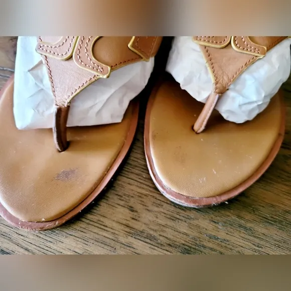 Tory Burch Jamie Full Logo Thong Calf Leather Sandals Royal Tan/Marigold US 9