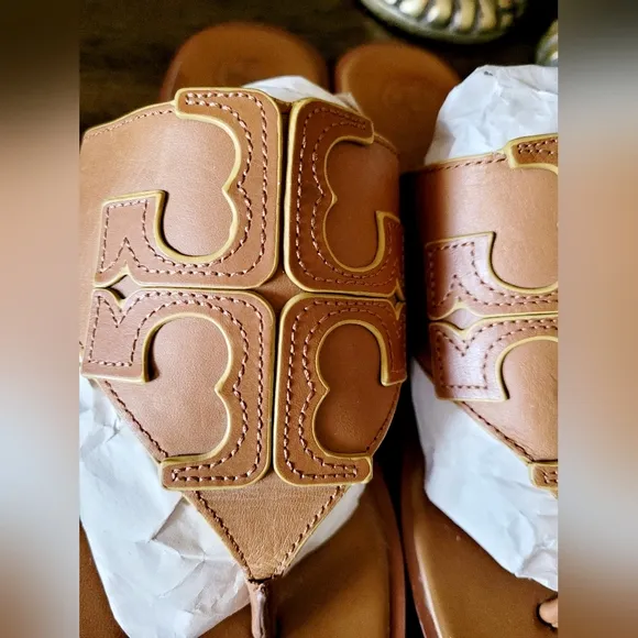 Tory Burch Jamie Full Logo Thong Calf Leather Sandals Royal Tan/Marigold US 9