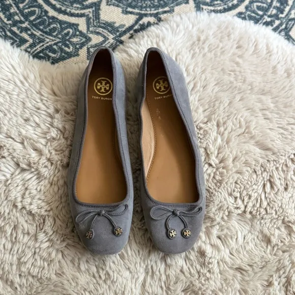 Tory Burch Laila Driver Suede Ballet Flats with Bow - Gray 9.5