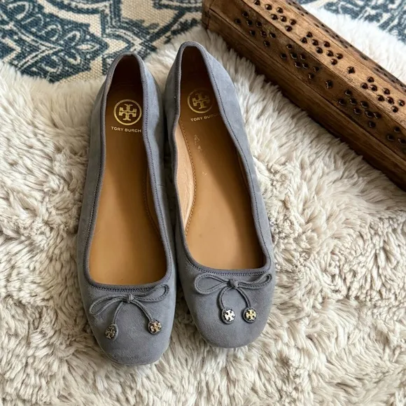 Tory Burch Laila Driver Suede Ballet Flats with Bow - Gray 9.5