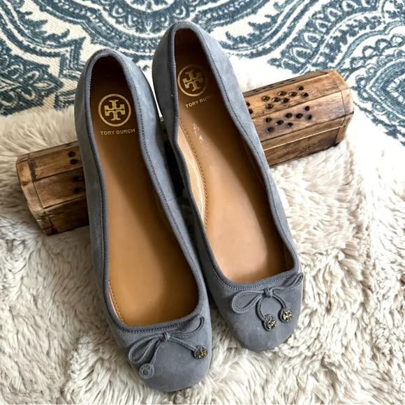 Tory Burch Laila Driver Suede Ballet Flats with Bow - Gray 9.5