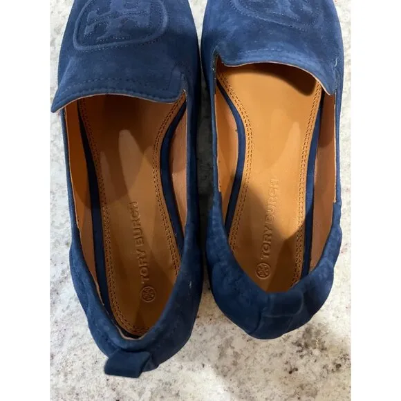 Tory Burch Leigh Perfect Navy Silk Suede Elastic Logo Loafers Flats - Size 7.5