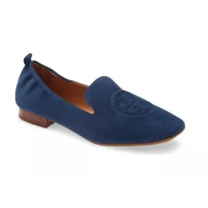 Tory Burch Leigh Perfect Navy Silk Suede Elastic Logo Loafers Flats - Size 7.5