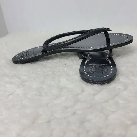 Tory Burch Liana Womens Sandals Size 6.5 Black  Leather Silver Crystal Thongs