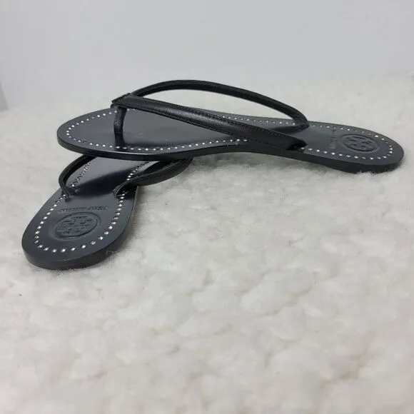 Tory Burch Liana Womens Sandals Size 6.5 Black  Leather Silver Crystal Thongs
