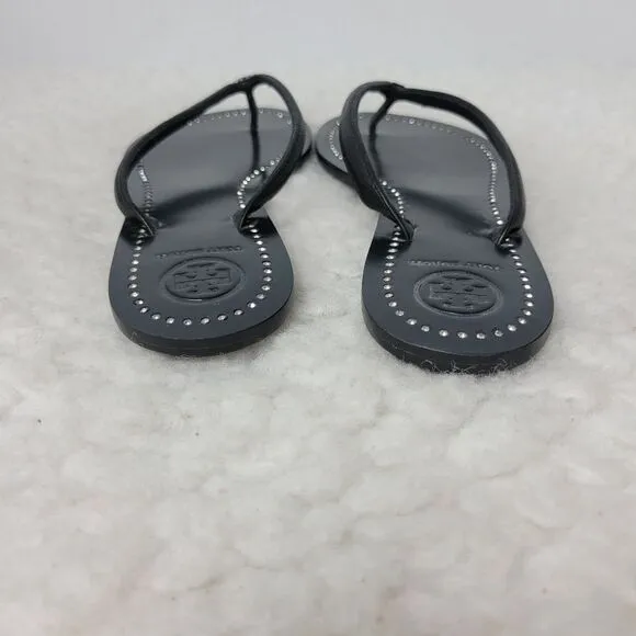 Tory Burch Liana Womens Sandals Size 6.5 Black  Leather Silver Crystal Thongs
