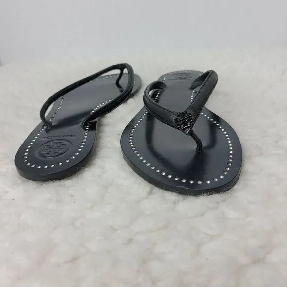 Tory Burch Liana Womens Sandals Size 6.5 Black  Leather Silver Crystal Thongs