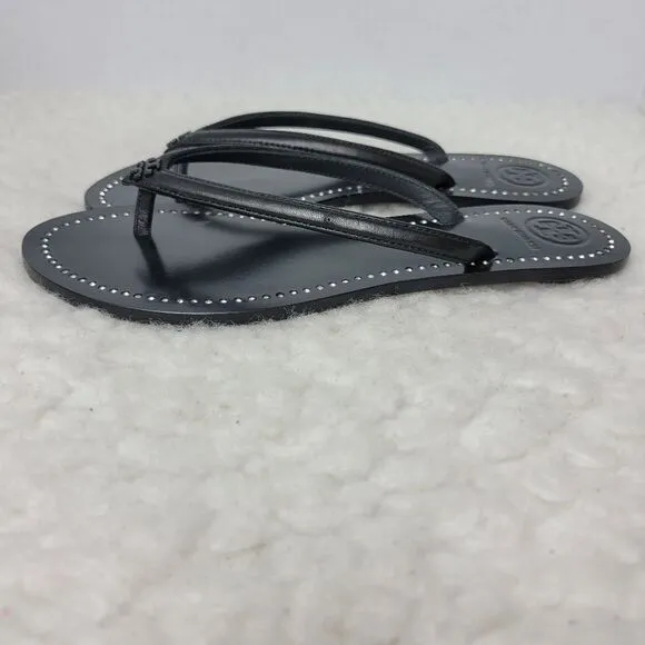 Tory Burch Liana Womens Sandals Size 6.5 Black  Leather Silver Crystal Thongs