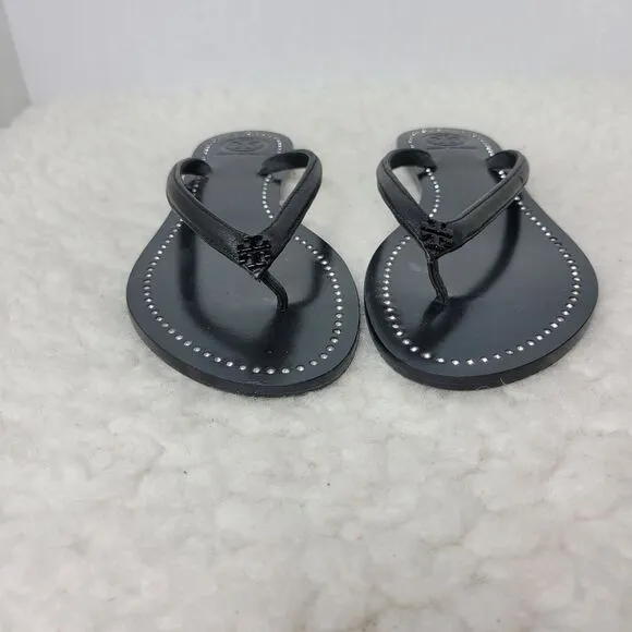 Tory Burch Liana Womens Sandals Size 6.5 Black  Leather Silver Crystal Thongs