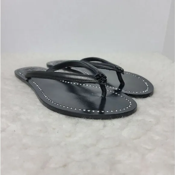 Tory Burch Liana Womens Sandals Size 6.5 Black  Leather Silver Crystal Thongs