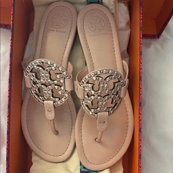 Tory Burch Miller embellished sandals in sea shell pink size 7