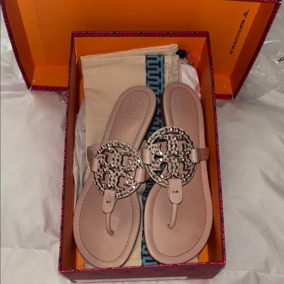 Tory Burch Miller embellished sandals in sea shell pink size 7