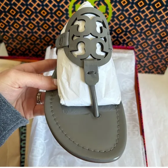 Tory Burch Miller Patent Leather Sandal Size 7 Malta Gray