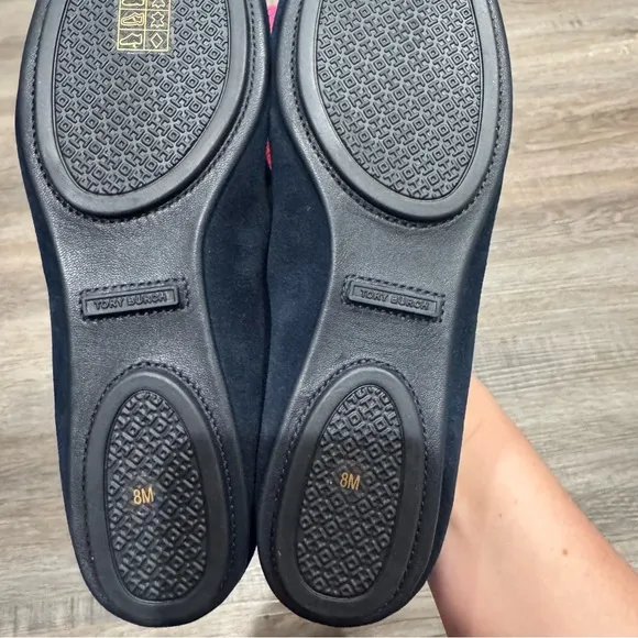 Tory Burch Minnie Travel Ballet Leather Logo Suede Round Flats in Perfect Navy
