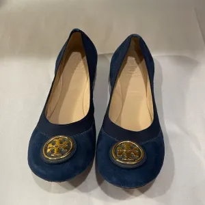 Tory Burch Navy Blue Suede Minnie Scrunch Ballet Flats