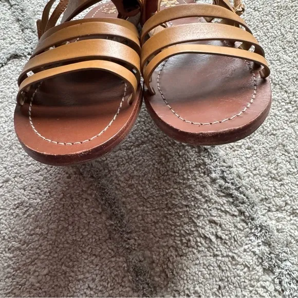 Tory Burch Patos Flat Strappy Sandals Slides Ankle Strap Shoes Tan Leather 7.5