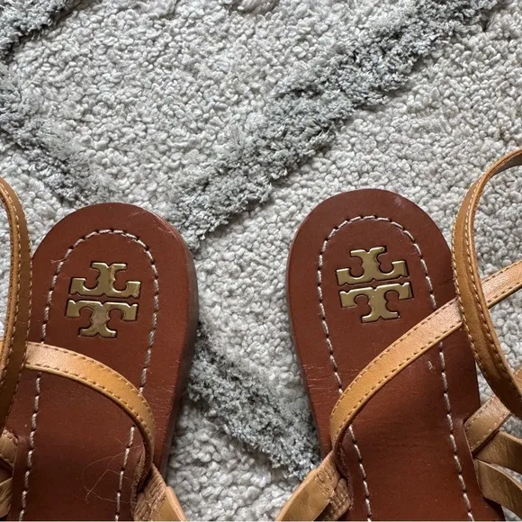 Tory Burch Patos Flat Strappy Sandals Slides Ankle Strap Shoes Tan Leather 7.5