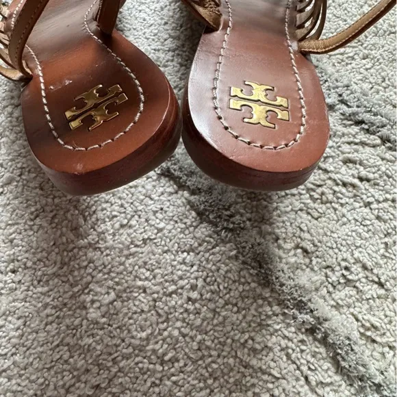 Tory Burch Patos Flat Strappy Sandals Slides Ankle Strap Shoes Tan Leather 7.5