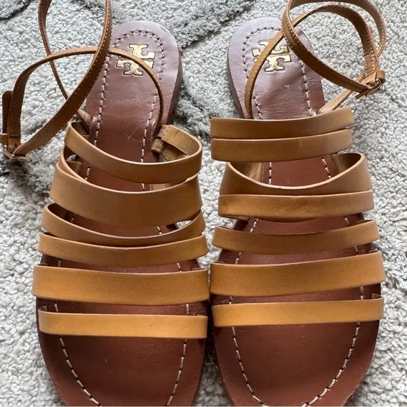 Tory Burch Patos Flat Strappy Sandals Slides Ankle Strap Shoes Tan Leather 7.5