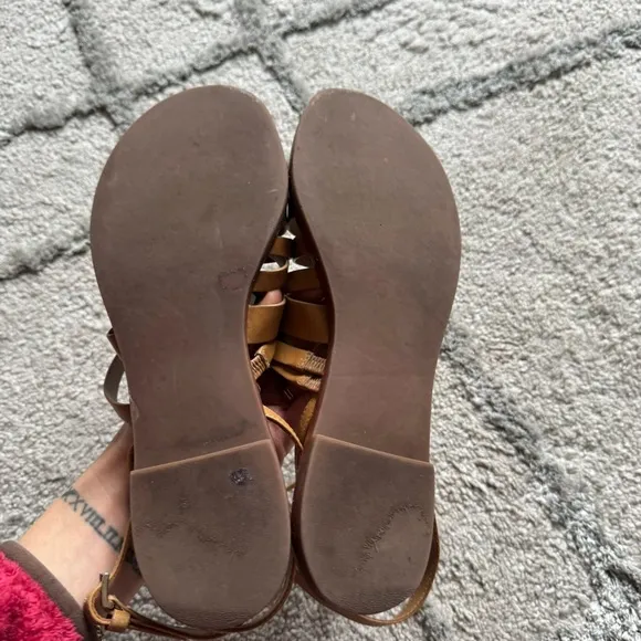Tory Burch Patos Flat Strappy Sandals Slides Ankle Strap Shoes Tan Leather 7.5