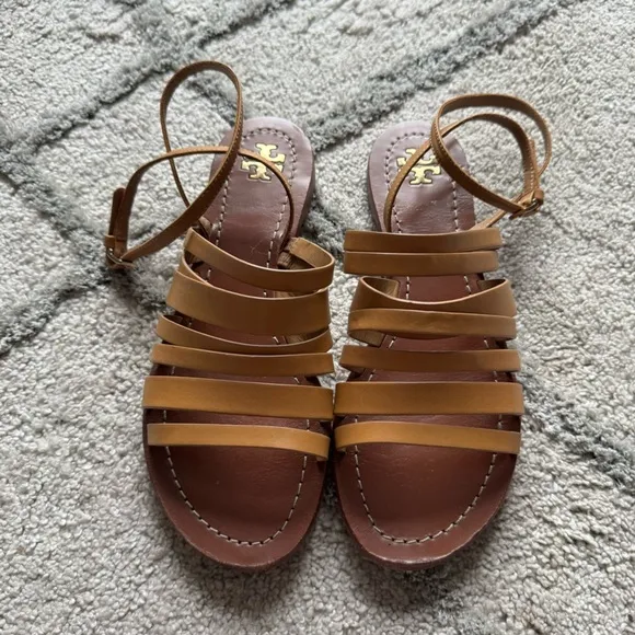 Tory Burch Patos Flat Strappy Sandals Slides Ankle Strap Shoes Tan Leather 7.5