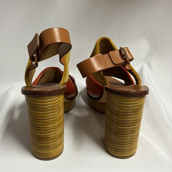 Tory Burch Patos Velvet &amp; Leather Block Heel Sandals Red/Orange/Tan Size 10