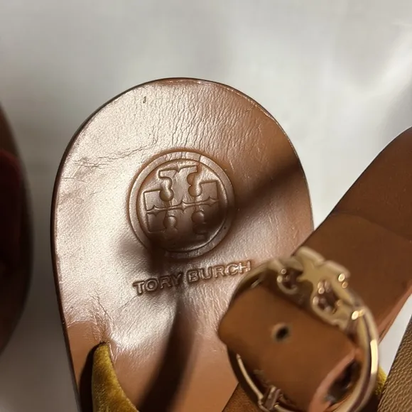 Tory Burch Patos Velvet &amp; Leather Block Heel Sandals Red/Orange/Tan Size 10
