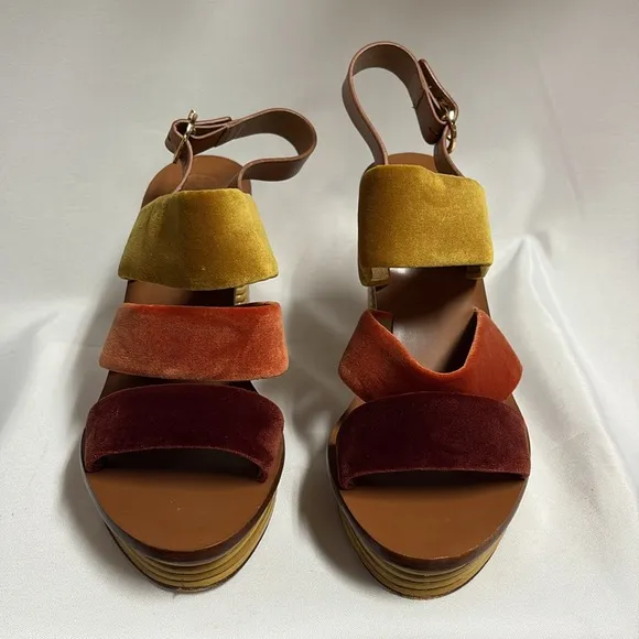 Tory Burch Patos Velvet &amp; Leather Block Heel Sandals Red/Orange/Tan Size 10