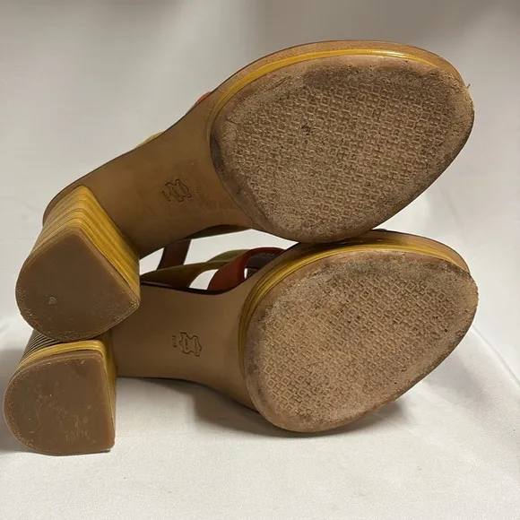Tory Burch Patos Velvet &amp; Leather Block Heel Sandals Red/Orange/Tan Size 10