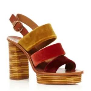 Tory Burch Patos Velvet &amp; Leather Block Heel Sandals Red/Orange/Tan Size 10