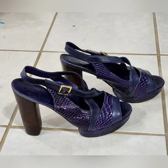 Tory Burch purple snakeskin leather wooden heeled platform sandals women's 10