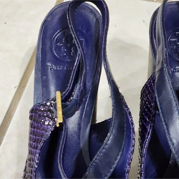 Tory Burch purple snakeskin leather wooden heeled platform sandals women's 10